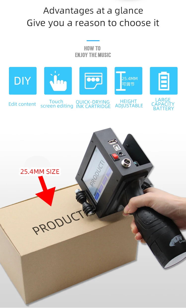 25.4mm One-inch Handheld Inkjet Printer Small Coder Packaging Production Date Shelf Life QR Code Barcode Logo Quick Dry Spray