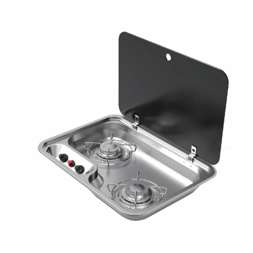 2 Burner Gas Stove Hob With Glass Lid 460*335*60mm 2*1.35kw Gr910 Boat