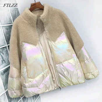 

FTLZZ Winter White Duck Down Jacket Women Patchwork Lambswool Bright Side Down Parkas Female Thicken Warm Short Coat