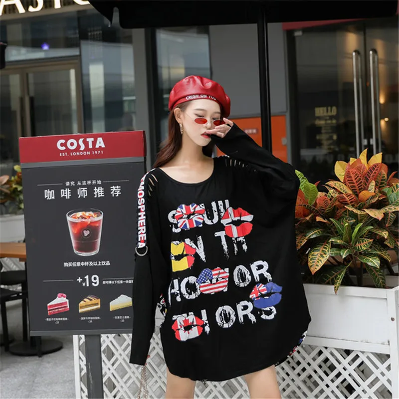 New Women's Shirt Autumn Punk Style Stitching Long-Sleeved Large Size Loose Letter Hip Hop Black T-shirt Batwing Sleeve