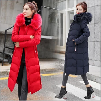 

2019 Fashion Winter Jacket women Hooded Cotton-padded Slim Long Big Fur Collar Warm Female Coat Parkas Women's Overcoat 4XL F31