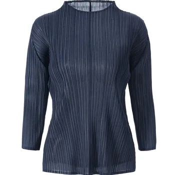 

Plus Size T Shirts For Women 45-85kg 2019 Autumn New Simple Small Round Neck Elastic Loose Miyake Pleated Solid Color Women Tops