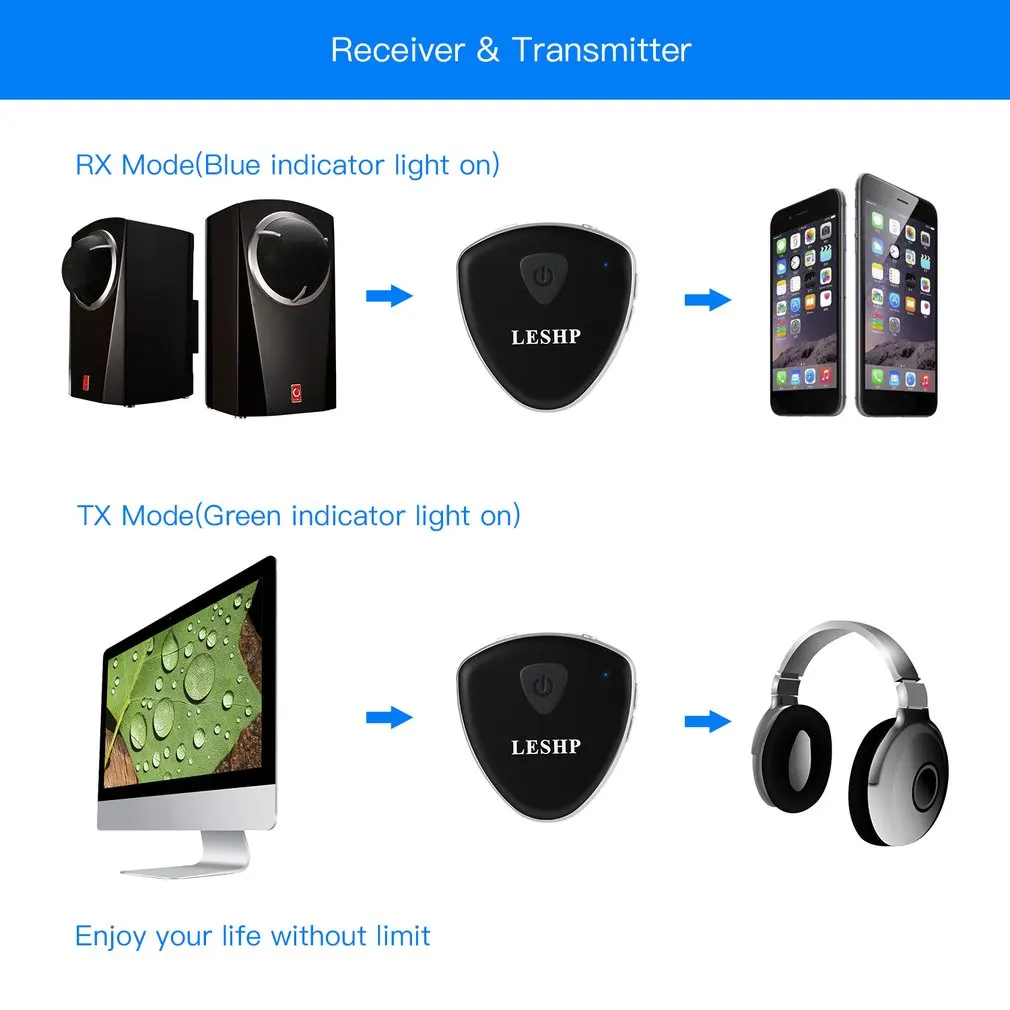 LESHP Heart Shaped Transmitter Receiver 2 in 1 Wireless Audio Handsfree Adapter CSR8670 for Headphone Speaker