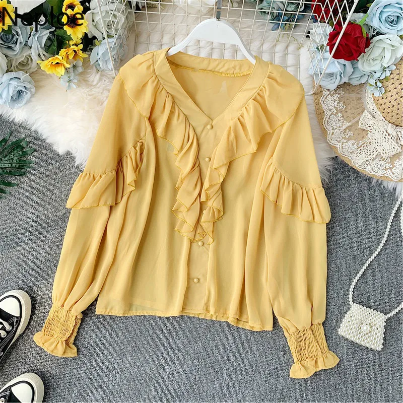 

Neploe Autumn News Fairy Ruffle Button Chiffon Shirts V Neck Slim Fit Patcwork Blusas Fashion Irregular Solid Blouses 45785