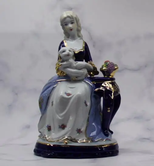 

Porcelain crafts large skirt European western ladies holding dog seat fruit bowl enamel Beauty women's figure Sculpture statue