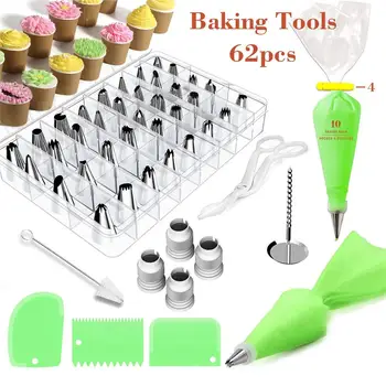 

New 62pcs/Set Confectionery Bag With Nozzles Icing Piping Tip Stainless Steel Cake Decorating Tool Pastry Cream Spout For Baking