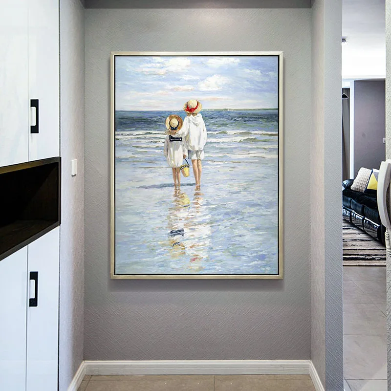 

Hand Painted Wall Art Children At the Beach Oil Painting For Kids Room Decor Contemporary Beautiful Canvas Artwork Unique