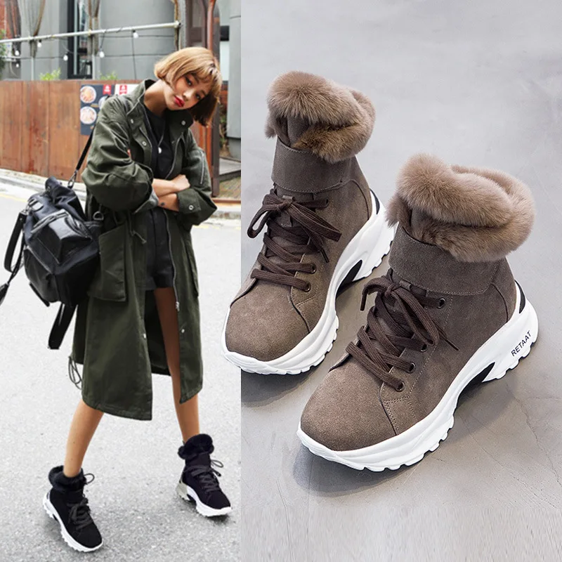 Женские теплые зимние ботинки на меху; Новинка года; зимние короткие ботинки на платформе для девочек; женская обувь из натуральной кожи; бархатная хлопковая обувь