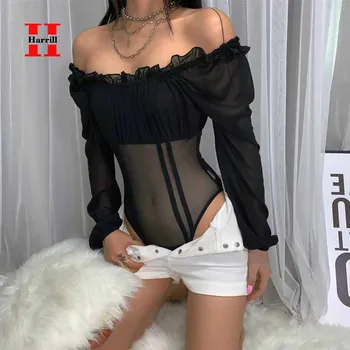 

Transparent Mesh Bodysuit Women Sexy Black Slash Neck Jumpsuit Female Pleated Patchwork Long Sleeve Bodysuits Women's Tops