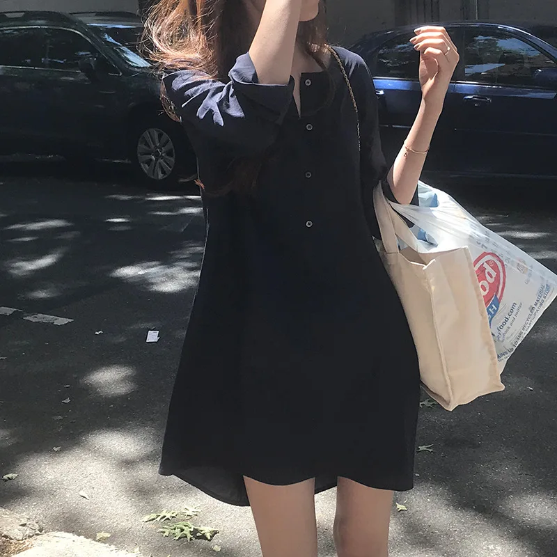 

Design Of Blouse Women's Summer Dress Loose Waist, Long Sleeve And Thin Tibetan Blue Short Dress