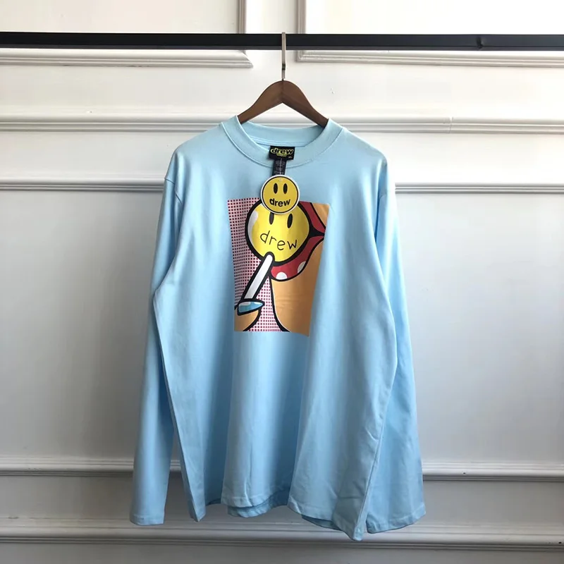 DREW леденец смайлик для мужчин и женщин Футболка Твердые Crewneck Свободные Harajuku Хип Хоп футболки с длинным рукавом Покемон уличная футболка - Цвет: Коричневый