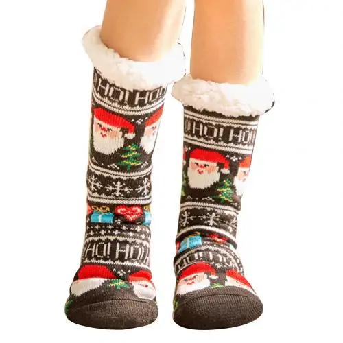 Winter Christmas Tree Santa Elk Non-slip Coral Fleece Middle Tube Floor Socks Soft Calze Calcetines носки с принтом - Цвет: Black Santa