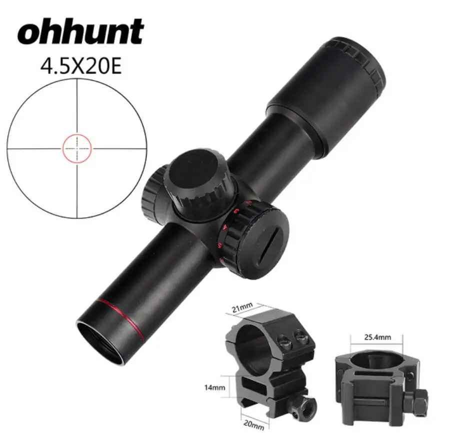 Ohhunt 4.5x20E компактный охотничий прицел, подсвеченный красным стеклом, гравированный прицел с откидной крышкой и кольцами - Цвет: Med Picatinny Rings