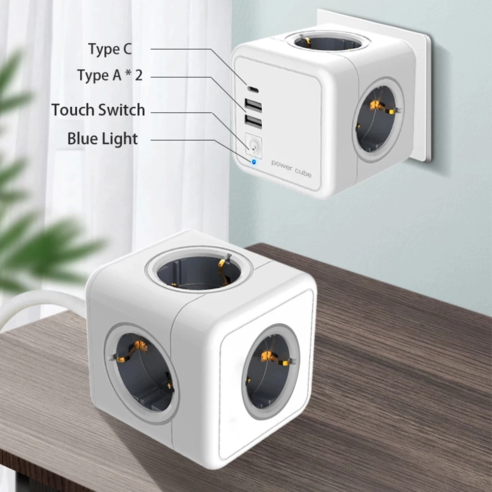 7 In 1 Power Strip Plug Extension Socket USB Type C Port Outlets EU Wall Adapter 250V Multi Outlet Cube Switch | Мобильные телефоны