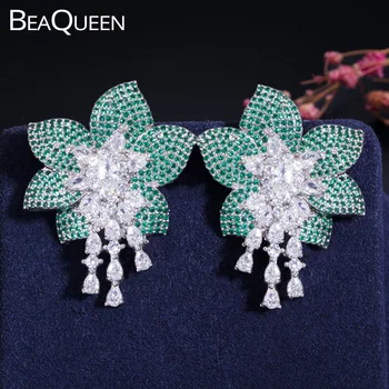 

BeaQueen Luxury Green Cubic Zircon Micro Paved CZ Crystal Big Leaf Flower Wedding Dangle Earrings Female Jewelry for Brides E419