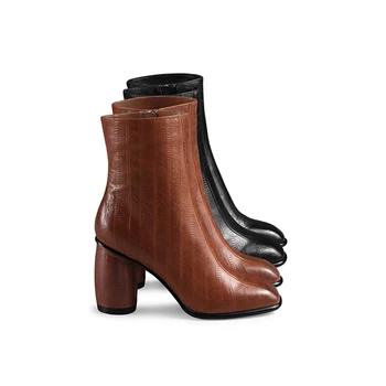 

new arrivals boots women genuine leather round heels square toe high heels ankle boots zipper ladies sexy short boots