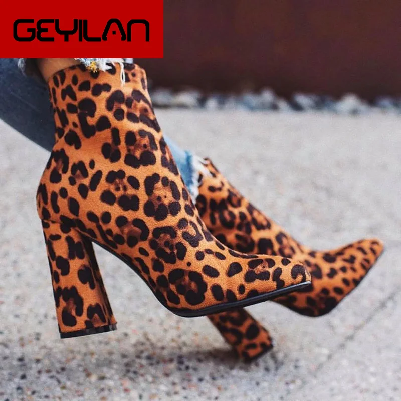 

Boots Women High Heels Sexy Leopard Shoes Women Square Heels Boots Woman Party Shoes Fashion Brand Ankle Boots Plus Size A1801