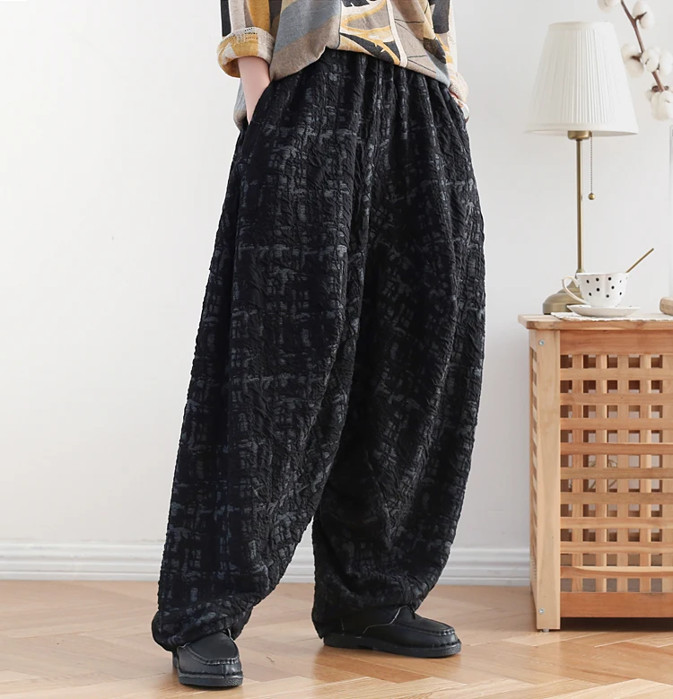 Women Jacquard Harem Pants Vintage Elastic Waist Trouser High Quality Autumn New Casual Cotton High Waist Pants