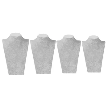 

4x Gray Velvet Necklace Pendant Display Bust Mannequin Stand Holders