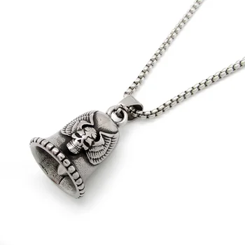 

Free Shipping Punk 316L Stainless Steel Silver color Skull Wings Bell Both Sides Biker Bell Pendant Jewelry