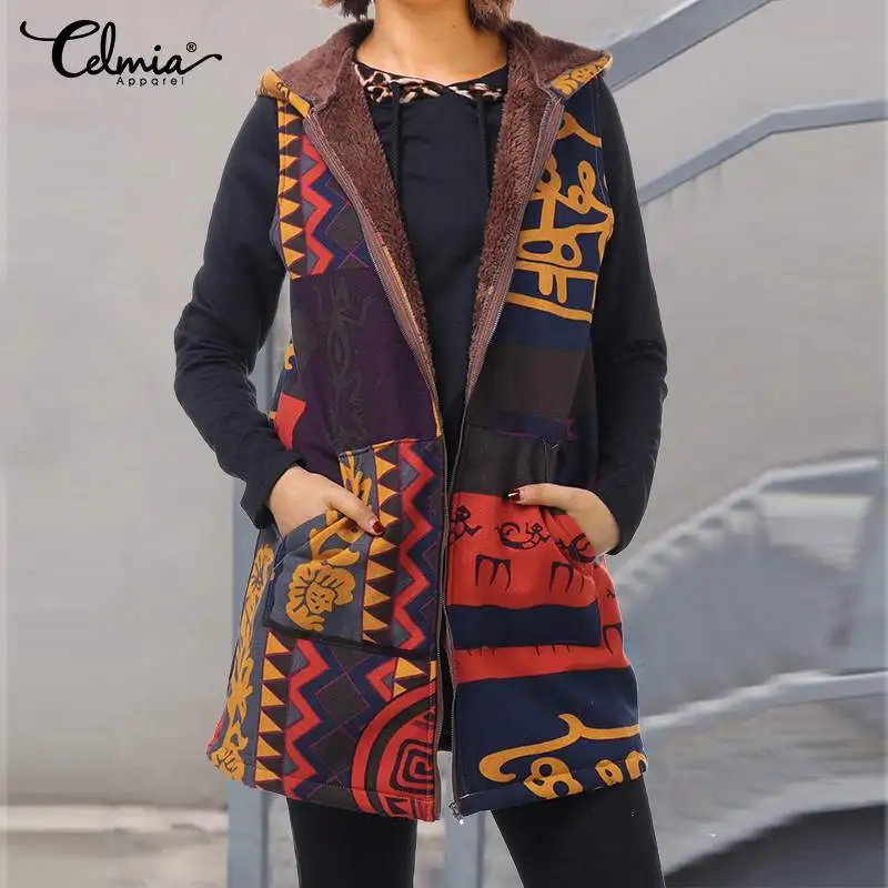 

2019 Winter Celmia Women Windbreaker Ladies Casual Sleeveless Fluffy Jackets Loose Hooded Coats Vintage Pockets Vests Overcoats