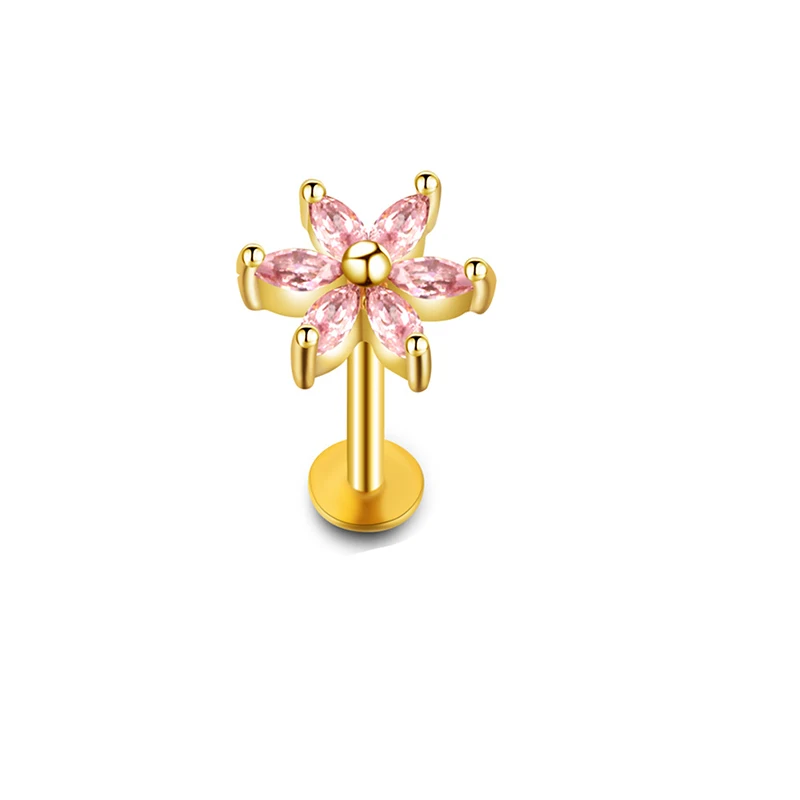 Gold Pink 1 шт. 1,2x8 мм Бар ромашка цветок губная серьга кольца шпильки пирсинг 16 г Спиральные серьги губы серьги плоский нос кольцо пирсинг для ушного козелка - Окраска металла: Gold Pink