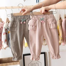 Новые весенне-осенние штаны для маленьких девочек, повседневные штаны с оборками и рисунком вишни, одежда для маленьких девочек, длинные штаны принцессы для детей