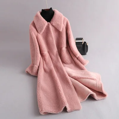 Благородный овечий мех, шуба для женщин, зимний модный шерстяной жакет, женская теплая верхняя одежда, Женская, большое длинное пальто, куртка для женщин - Цвет: Pink