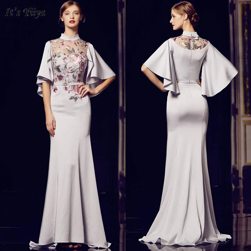 

It's Yiiya Evening Dress Short Sleeve High Neck Women Party Dresses Embroidery Mermaid Floor-Length Robe De Soiree V164