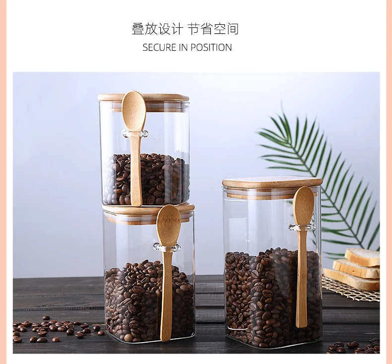 Square Wood Transparent Glass With Lid Canister Square Stackable Spice Jars  Food Tea Coffee Grains Containers Kitchen Items From Yiyu_hg, $22.77