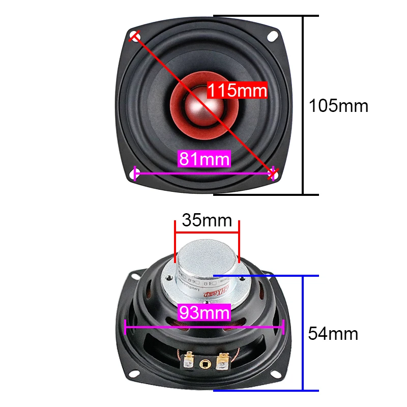 GHXAMP 4inch 105MM Square Full Range Speaker Unit 78Hz-19.8KHz DIY 4ohm 25W HIFI Home theater Tweeter MID-Bass Loudspeaker 2PCS
