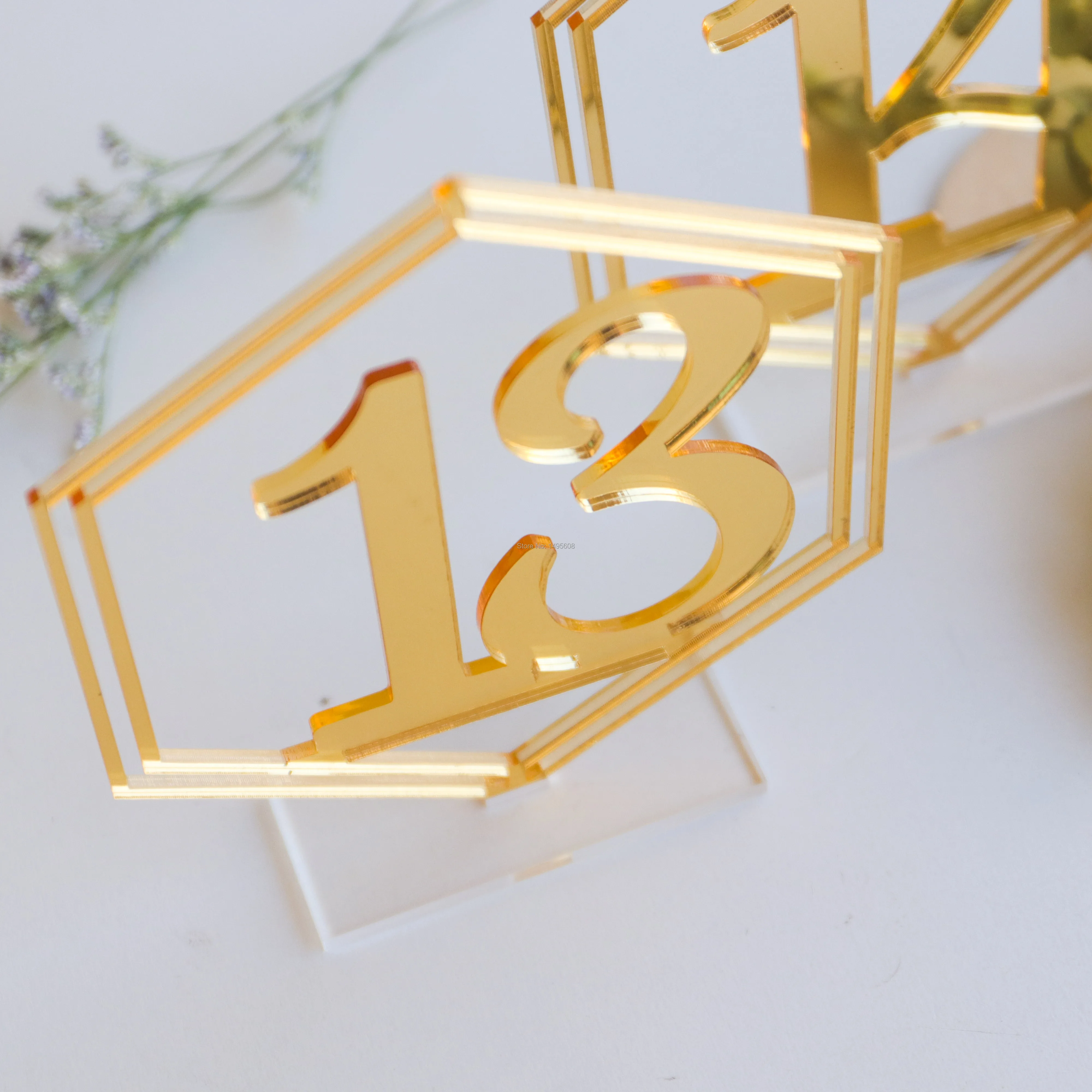 Wedding Table Numbers hexagon geometrical clear wedding table numbers engraved white modern