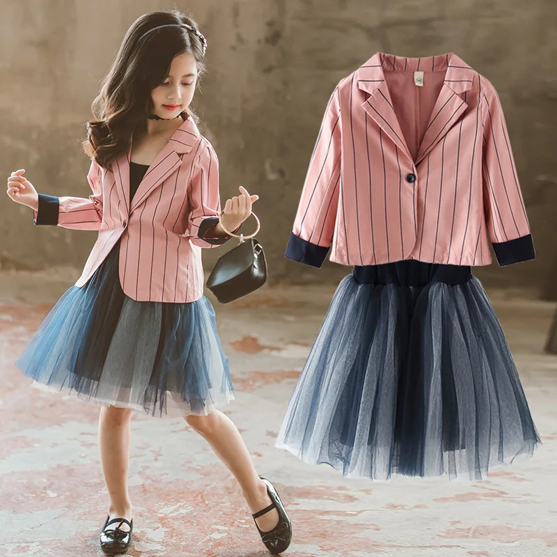 

Teenage Girls Clothing Set Spring Autumn Girls Striped Jacket+Dress 2pcs Suit Children Clothes Kids Long Sleeve Outfits