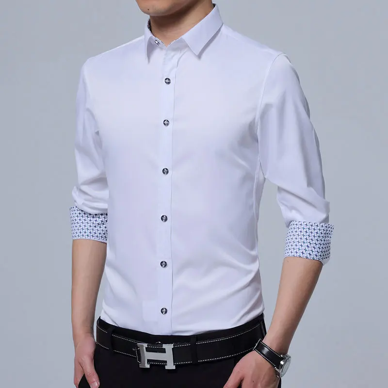 BROWON Men Shirt Business Autumn Stretch Shirt Men Cardigan Long-sleeved Turn-down Collar Social Shirt Solid Wedding Shirt - Цвет: Белый