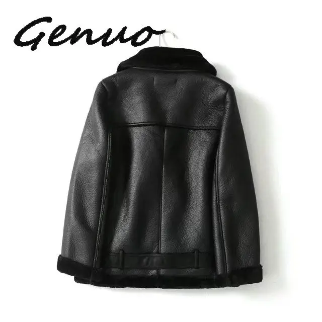Genuo New New Winter Women Sheepskin Coats Thicken Faux Leather Fur Female Coat Fur Lining Leather Jacket Aviator Jacket
