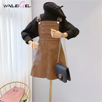 

2PCS WLG girls winter clothing set kids black velvet thick shirt and PU overall set baby girl warm fashion clothes for 2-6T