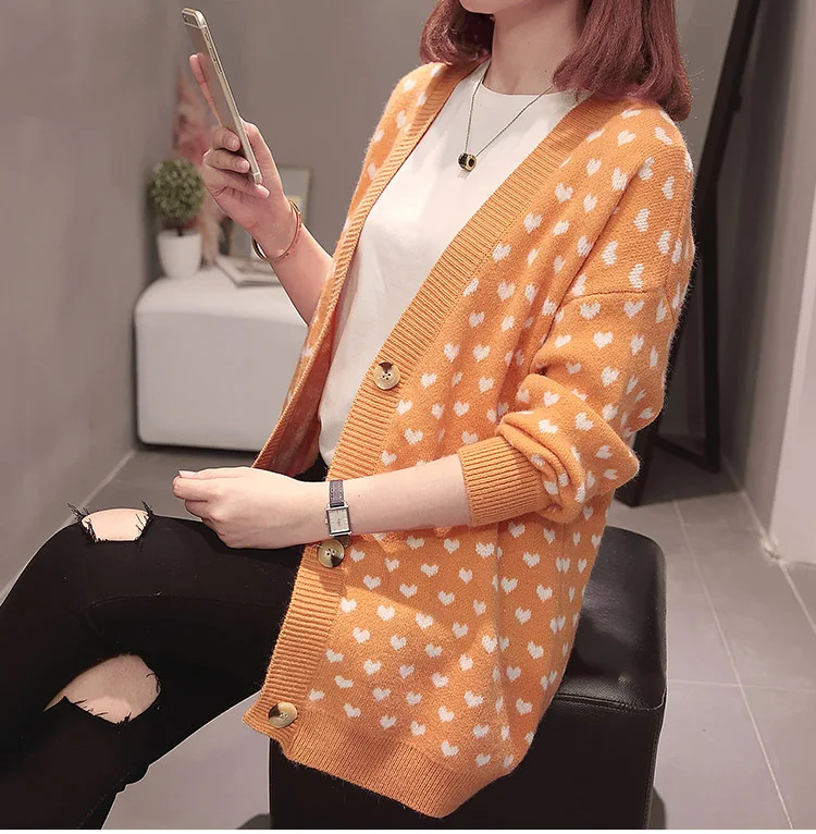 Orange Осень, новинка, женские кардиганы в Корейском стиле, свободный свитер, длинный рукав, однобортный v-образный вырез, Повседневная вязка, C98401K - Цвет: Orange