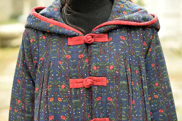 

2017 New Style Ethnic-Style Floral-Print Cotton-padded Clothes Presbyopia Cloth X-long Hooded Medium-length Cotton Coat Thick Co