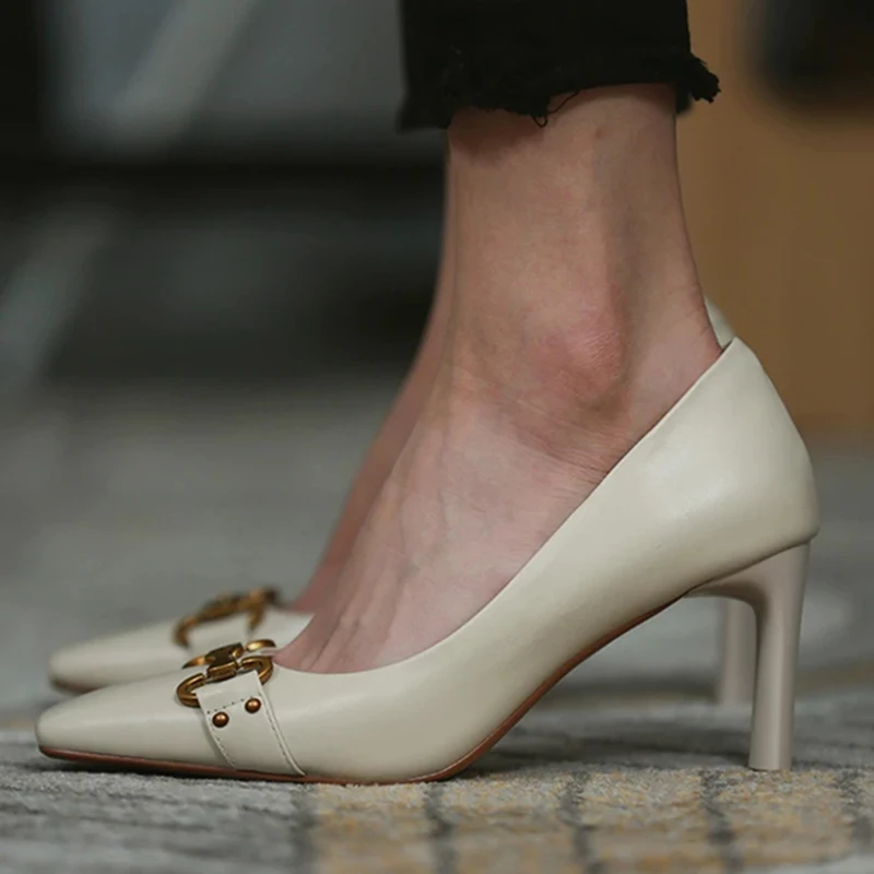 

New Womens Singe Shoes Large Size Solid Color Ladies Leather High Heels Sole Pointed Toe Metal Buckle Daily Commute Female Pumps