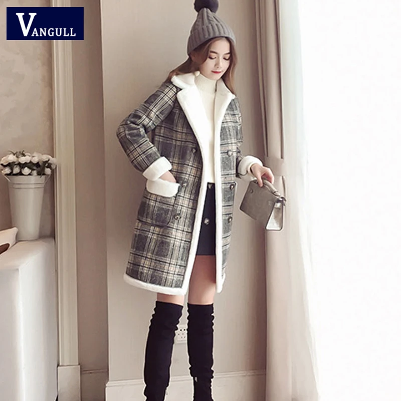Vangull/женские бархатные куртки, пальто, зимняя двубортная верхняя одежда в клетку, новинка года, повседневные теплые толстые шерстяные длинные пальто с длинным рукавом