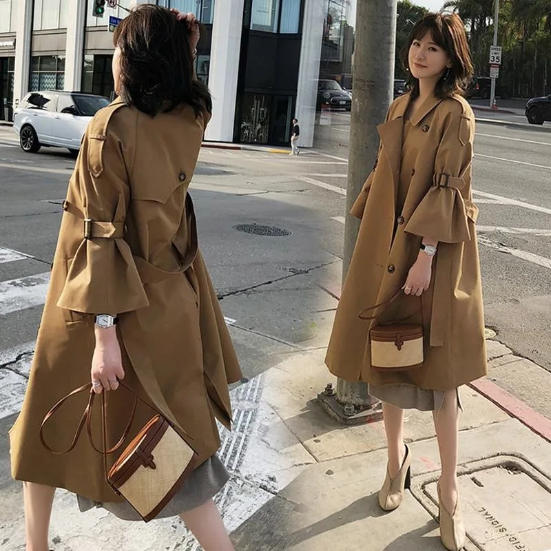 

2019 Spring And Autumn New Style Khaki Trench Coat WOMEN'S Dress Mid-length Bell Sleeve over-the-Knee Loose-Fit Hong Kong Style