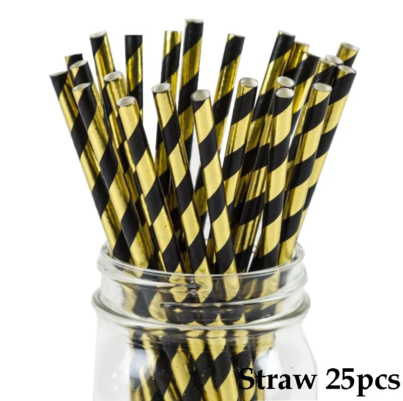 Straw 25pcs Вечерние одноразовые столовые приборы розовое золото розовый черный бумажные тарелки в полоску вечерние карнавальные декорации салфетка для чашек принадлежности для дня рождения свадьбы - Цвет: Straw 25pcs