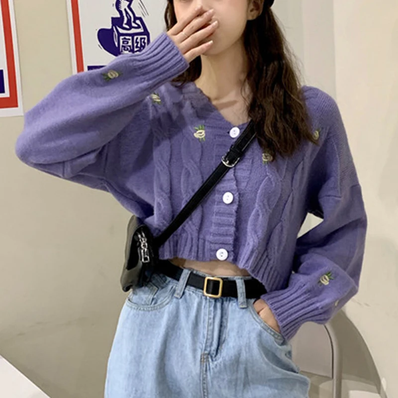 니트 가디건, 귀여운 패션, 루즈한 가을 코트, v넥 랜턴 슬리브, 자수 꽃 하라주쿠 여성 스웨터, 2020 년 상품