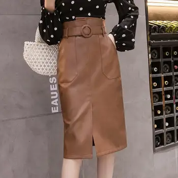 

2020 new Ladies Sexy Leather Skirt Women High Waist Back Slit Knee Length Pu Faux Leatner Pencil Skirts with Sashes Solid Brown
