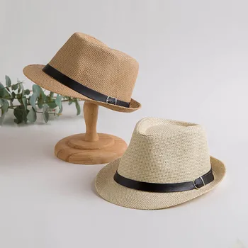 

Retro Straw Panama Sunhat Fedoras Top Jazz Hat With PU Buckle Kids' Hats Cap Parent-child Hats Casual Beach Hat For Men Women