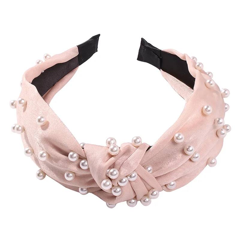 light pink Однотонная модная резинка для волос для женщин, имитация жемчуга, обруч на голову, завязанный узлом, широкая повязка на голову, аксессуары для волос, корейские диадемы для волос - Окраска металла: light pink