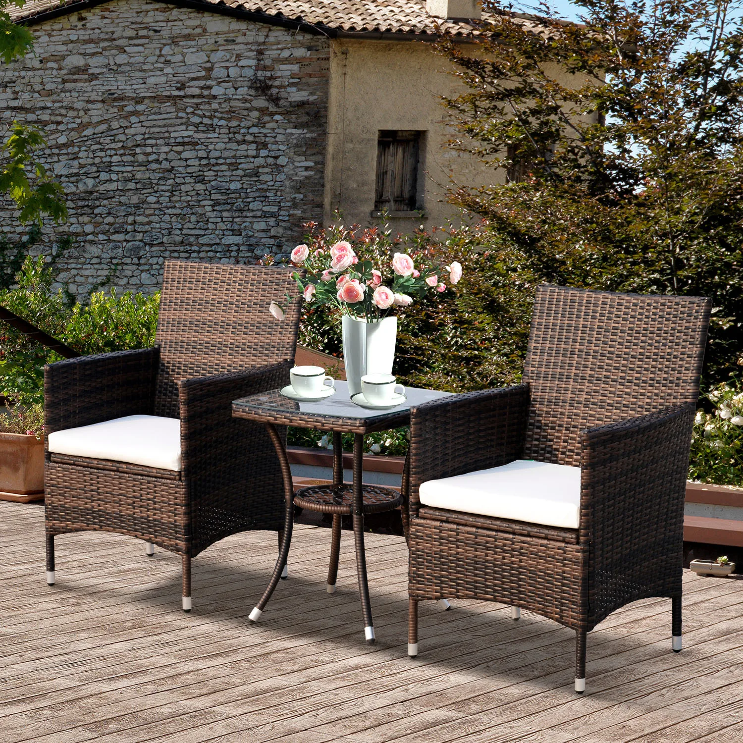 Outsunny Set of Rattan Table Chairs Outdoor Furniture with