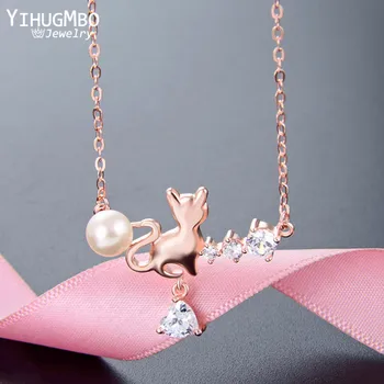 

YIHUGMBO Cute Real 925 Sterling Silver Cat Pendant Necklace Women Gold Plated Natural Shell Pearl AAA Zircon Statement Necklaces