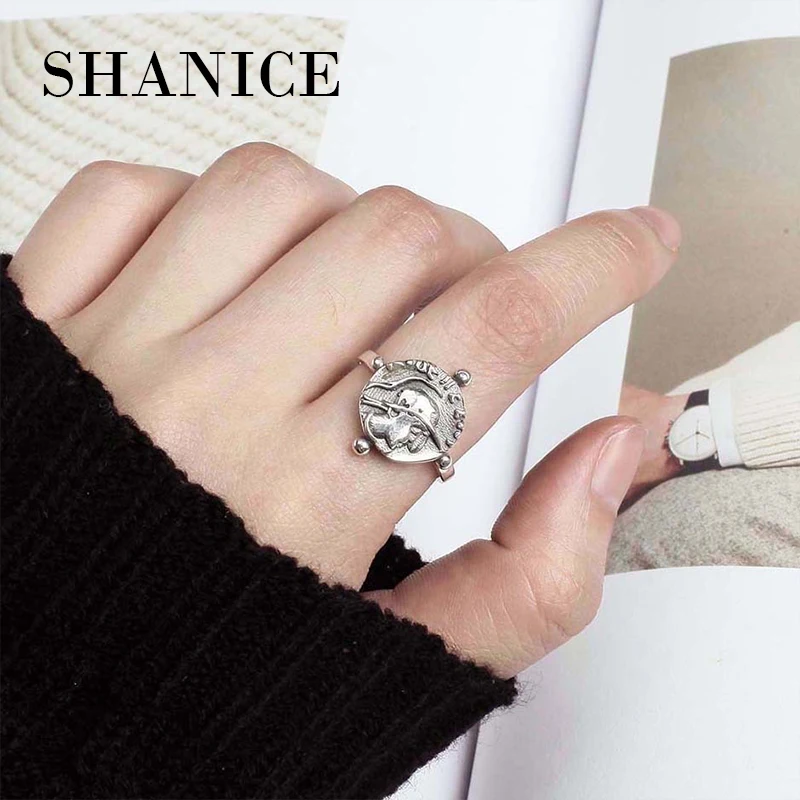 

SHANICE 100%925 Sterling Silver Open Ring Thai silver retro punk make old girl portrait art design Adjustable bague Fine Gift