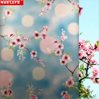 

Blue sky pink plum static window film children's room living room bedroom office bathroom sunscreen waterproof glass PVC film